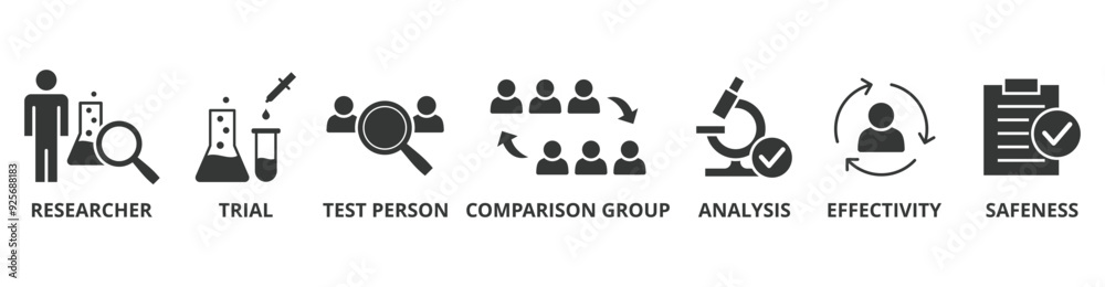 Clinical study banner web icon vector illustration concept for clinical trial research with an icon of researcher, trial, test person, comparison group, analysis, effectivity, and safeness Clinical study banner web icon vector illustration concept for clinical trial research with an icon of researcher, trial, test person, comparison group, analysis, effectivity, and safeness