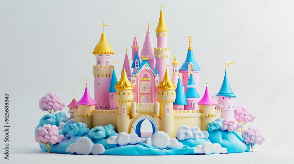 Whimsical pastel-colored fairy tale castle model with turrets and towers, surrounded by clouds and trees, on a white background. Whimsical pastel-colored fairy tale castle model with turrets and towers, surrounded by clouds and trees, on a white background.