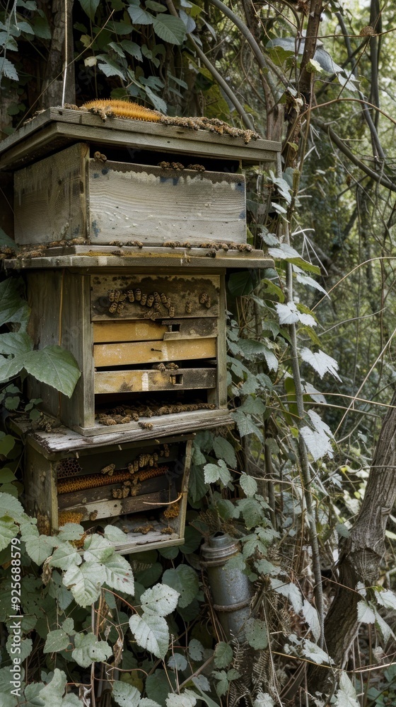 Stacked Beehives in a Lush Forest Setting Stacked Beehives in a Lush Forest Setting