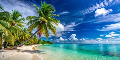 Tropical paradise with stunning beach, palm trees, and clear blue ocean