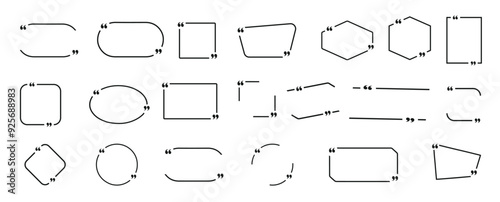 Quote frames vector set. Blank templates of speech quotation marks. Black text quotes boxes for headline, banner, citation design. Creative marks collection.