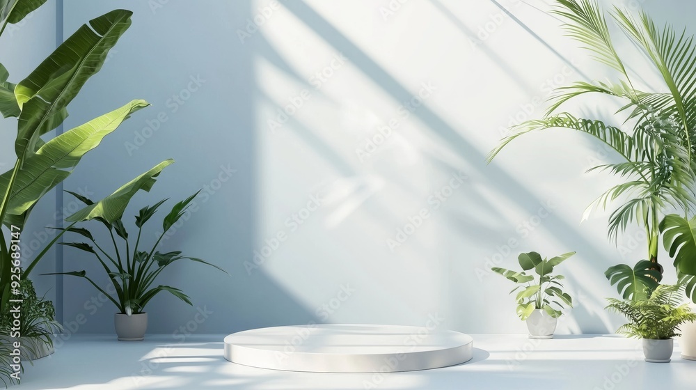 A photo of a 3D podium in a bright and airy kitchen with skylights and plants, isolated on a light pale blue background A photo of a 3D podium in a bright and airy kitchen with skylights and plants, isolated on a light pale blue background