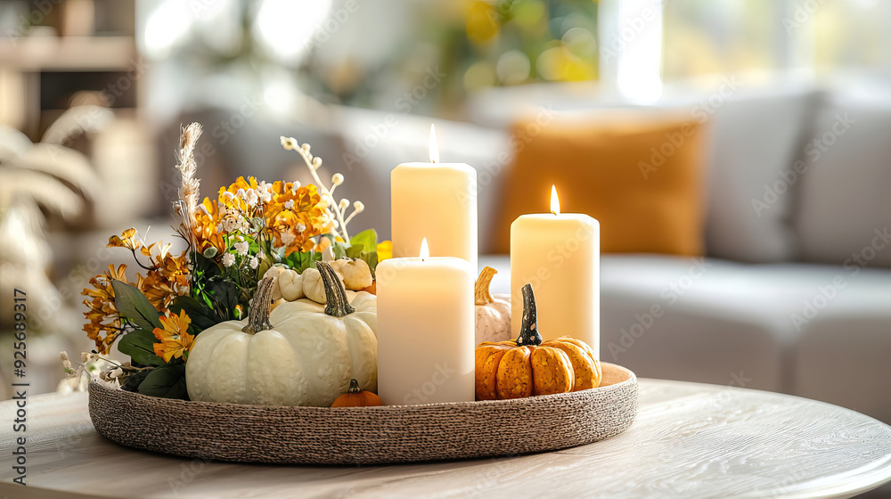 A Thanksgiving-themed centerpiece with candles and gourds. A Thanksgiving-themed centerpiece with candles and gourds.