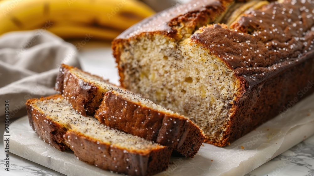 A loaf of banana bread with slices cut, revealing the moist and flavorful interior. A loaf of banana bread with slices cut, revealing the moist and flavorful interior.
