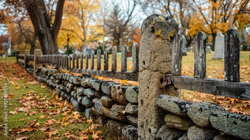 A low stone fence surrounding a historic cemetery, with gravestones visible behind it, evoking a sense of history.