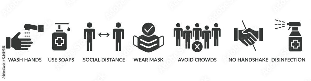 Prevention banner web icon vector illustration concept for virus diseases prevention due to coronavirus pandemic with an icon of wash hands, wear a mask, hand sanitizer, avoid crowd and handshake Prevention banner web icon vector illustration concept for virus diseases prevention due to coronavirus pandemic with an icon of wash hands, wear a mask, hand sanitizer, avoid crowd and handshake