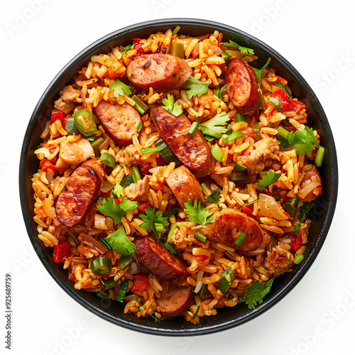a bowl of rice and sausage with green onions