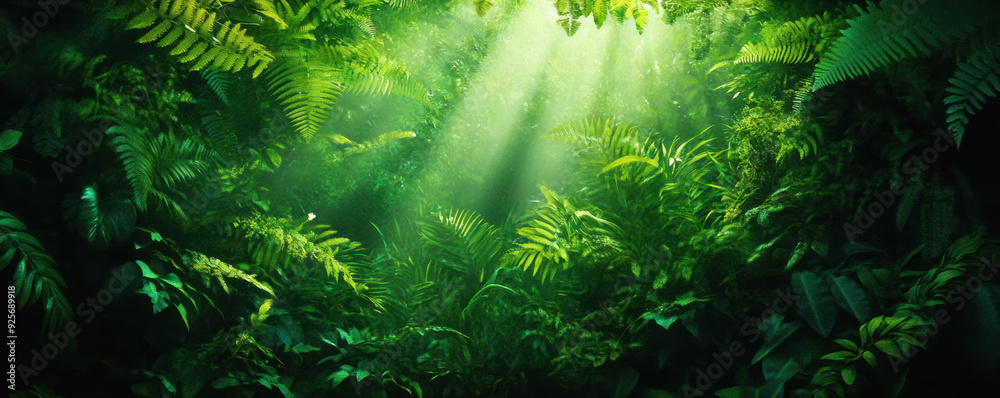Fototapeta premium Sunlight filtering through dense green tropical rainforest, creating a serene and vibrant natural scene filled with lush foliage.