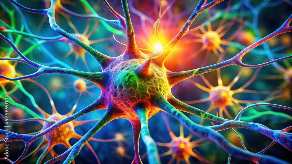 Close up of a single neuron cell in a vibrant color palette, neuron, cell, brain, science, biology, microscopic Close up of a single neuron cell in a vibrant color palette, neuron, cell, brain, science, biology, microscopic