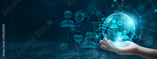 Hand holding a globe with network connecting data. The essence of digital technology, CRM enables businesses to build and maintain relationships with customers, enhancing customer satisfaction.