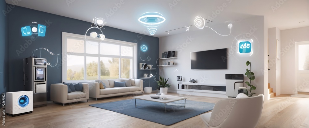 illustrate the concept of the Internet of Things with an image of a smart home, featuring various connected devices and appliances, shot from a low angle with a wide-angle lens illustrate the concept of the Internet of Things with an image of a smart home, featuring various connected devices and appliances, shot from a low angle with a wide-angle lens