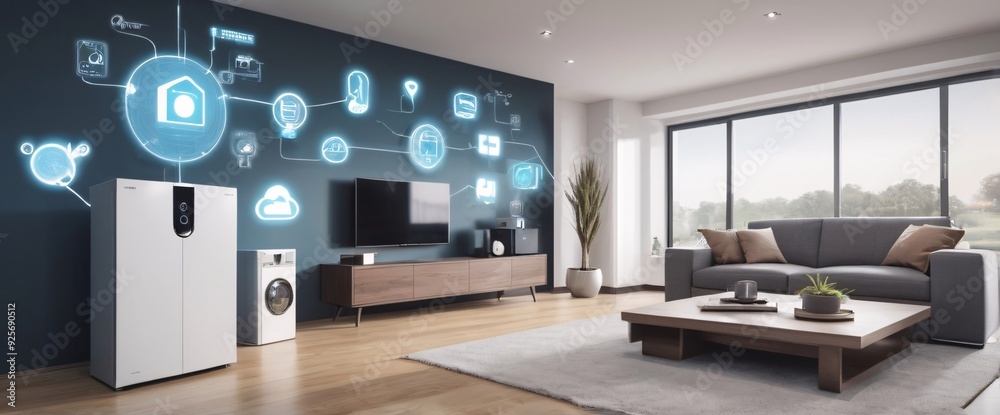 illustrate the concept of the Internet of Things with an image of a smart home, featuring various connected devices and appliances, shot from a low angle with a wide-angle lens illustrate the concept of the Internet of Things with an image of a smart home, featuring various connected devices and appliances, shot from a low angle with a wide-angle lens