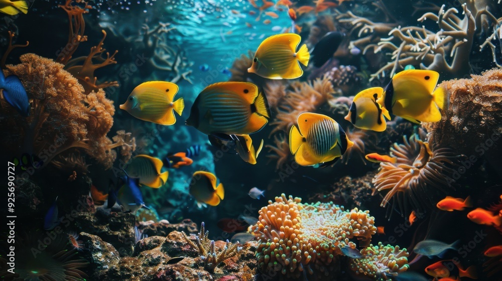 Fototapeta premium A school of fish swimming around a vibrant coral reef, illustrating the symbiotic relationships in the ocean.