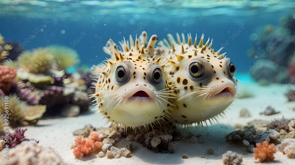 Two young pufferfish against a backdrop of a coral reef Two young pufferfish against a backdrop of a coral reef