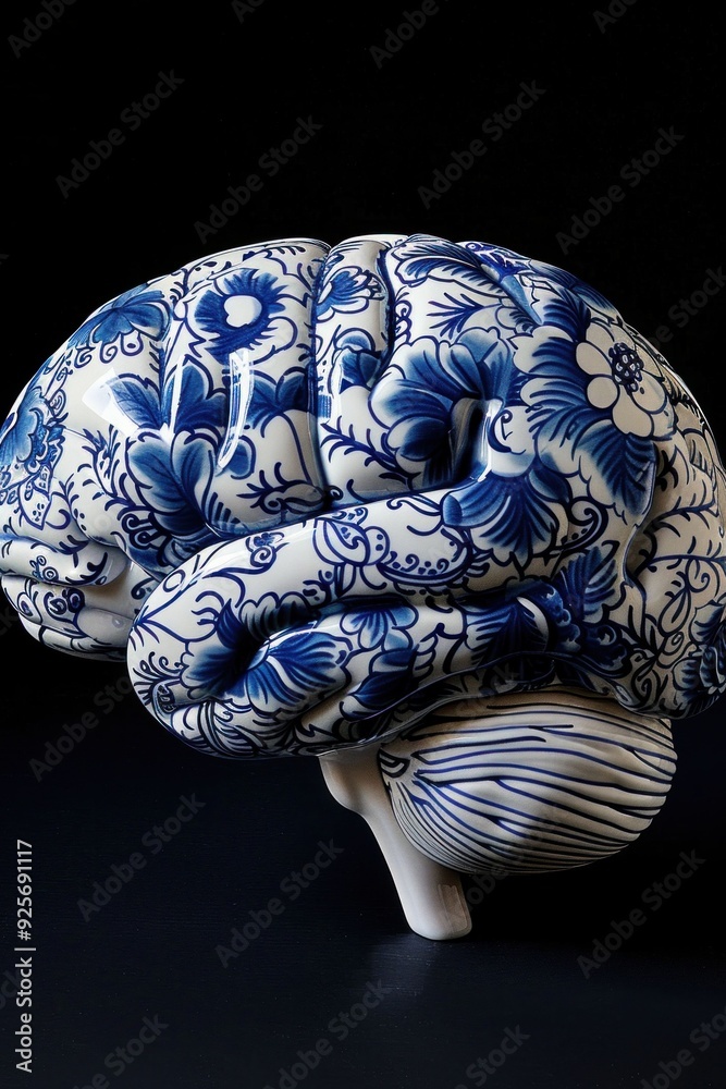 Blue and white porcelain model of human brain on black background for medical and science concept Blue and white porcelain model of human brain on black background for medical and science concept