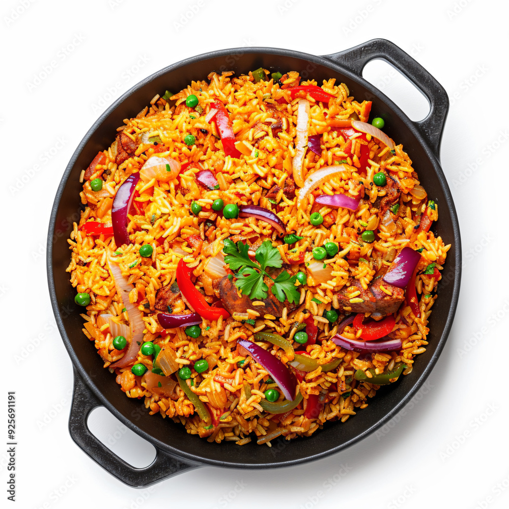 a pan filled with rice and vegetables on a white surface a pan filled with rice and vegetables on a white surface