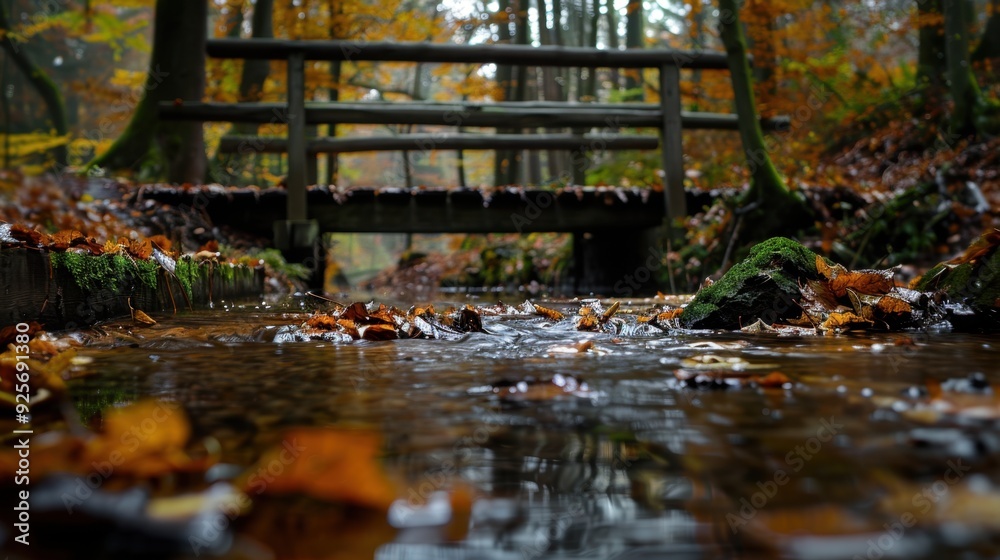 A small bridge crossing over a stream in a forest, with fallen leaves floating on the water. A small bridge crossing over a stream in a forest, with fallen leaves floating on the water.
