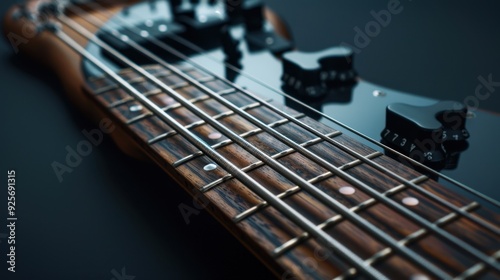 A sleek electric bass guitar with its frets and pickups visible, set against a dark background to highlight its modern design.