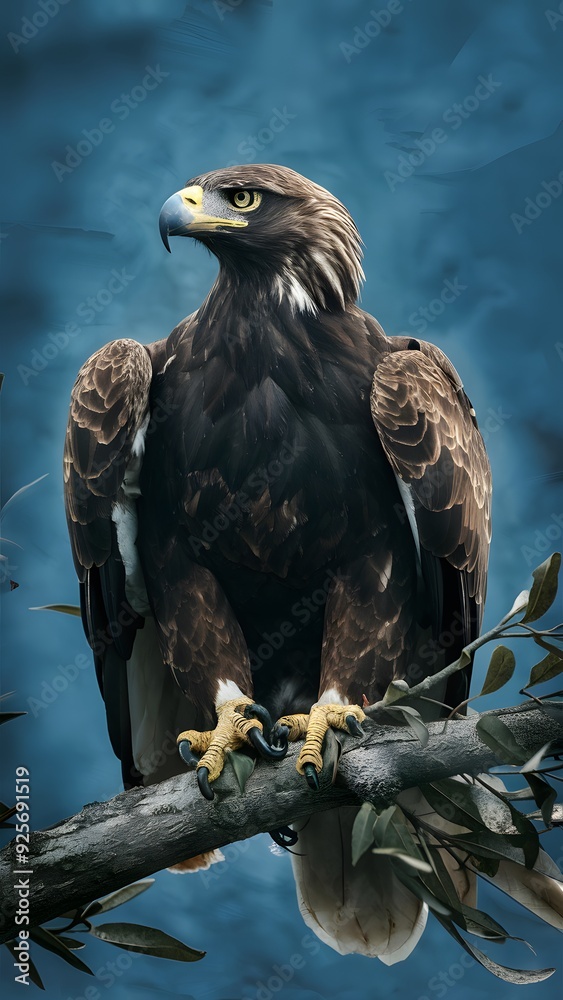 Fototapeta premium Martial Eagle Perched on Branch on Blue Background, Realistic Photo, Pattern Background, Wallpaper, Cover and Screen of Smartphone, Cell Phone, Computer, Laptop