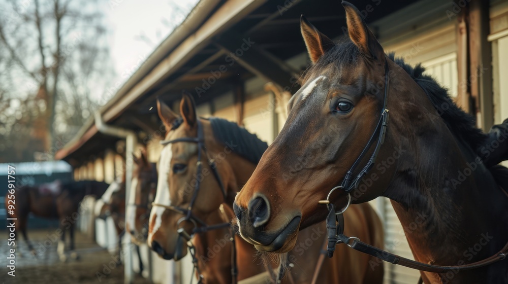Fototapeta premium A stable area with racehorses being prepared for the race, showing the behind-the-scenes care and attention.