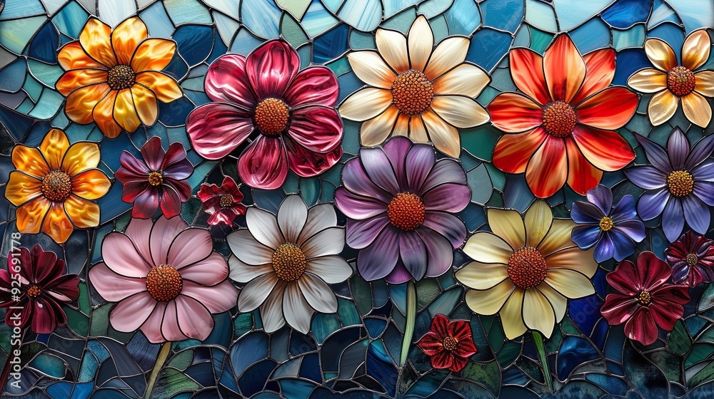 Beautiful stained glass artwork depicting a cluster of vibrant, multicolored flowers with intricate details, set against a mosaic background.
