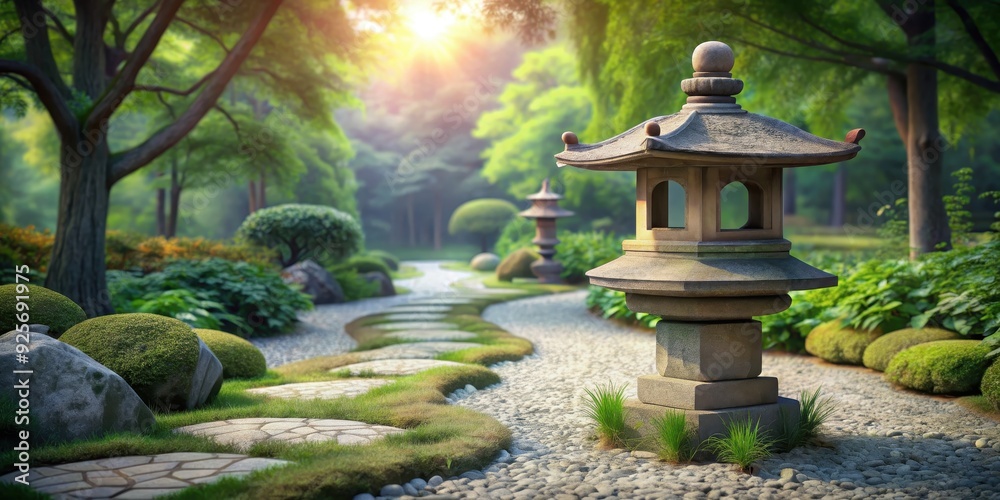 Elaborate sketch of a stone lantern and meandering path in a serene zen garden , zen garden,stone lantern Elaborate sketch of a stone lantern and meandering path in a serene zen garden , zen garden,stone lantern