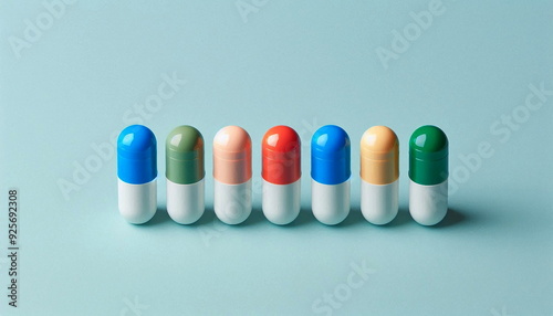 group of colorful medicine capsules line on soft blue background photo