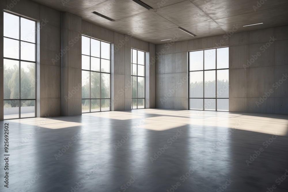Empty Concrete Room with Large Windows and Sunlight Streaming In Empty Concrete Room with Large Windows and Sunlight Streaming In
