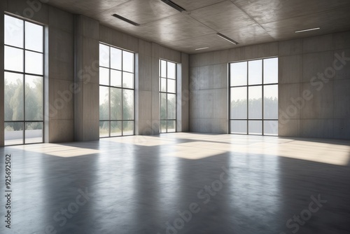 Empty Concrete Room with Large Windows and Sunlight Streaming In