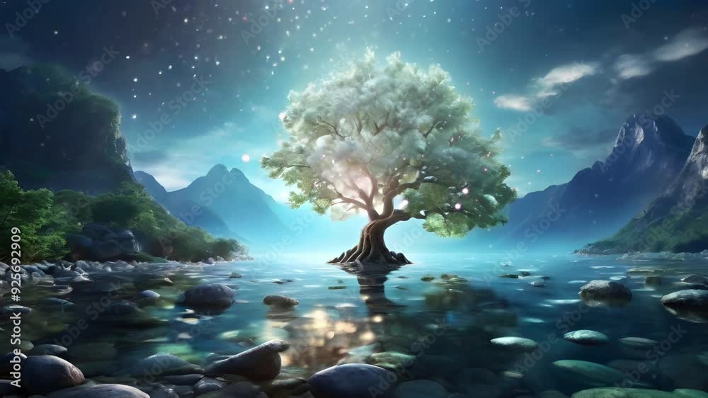 A magical tree in the middle of a fairyland lake with fireflies. Seamless 4K looping timelapse video animation background