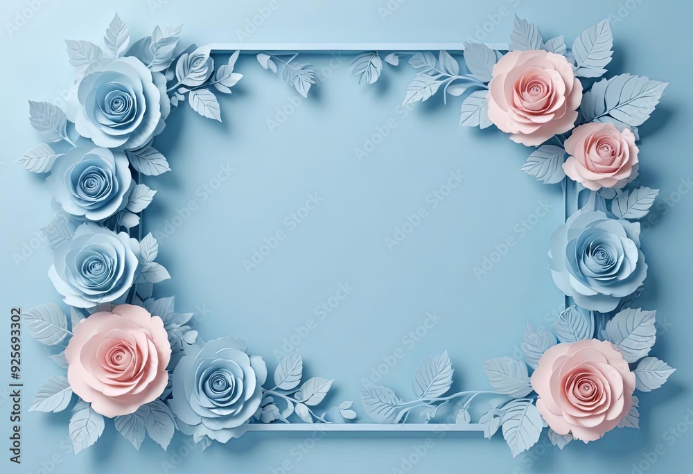 Elegant frame with pastel pink and blue roses on a light blue background. Perfect for invitations, greeting cards, and decorative designs. Elegant frame with pastel pink and blue roses on a light blue background. Perfect for invitations, greeting cards, and decorative designs.
