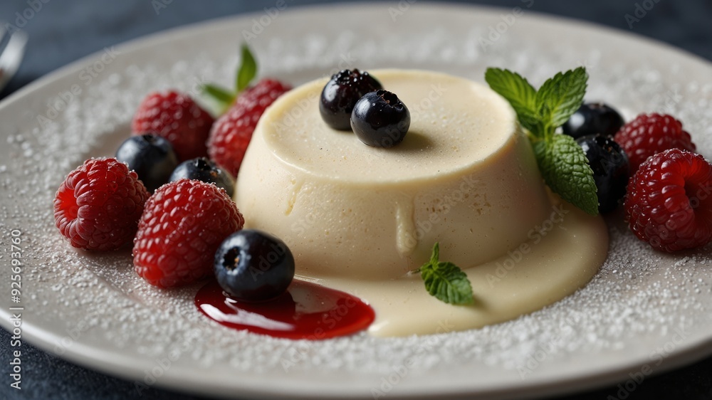 a creamy panna cotta served on a white ceramic plate a creamy panna cotta served on a white ceramic plate