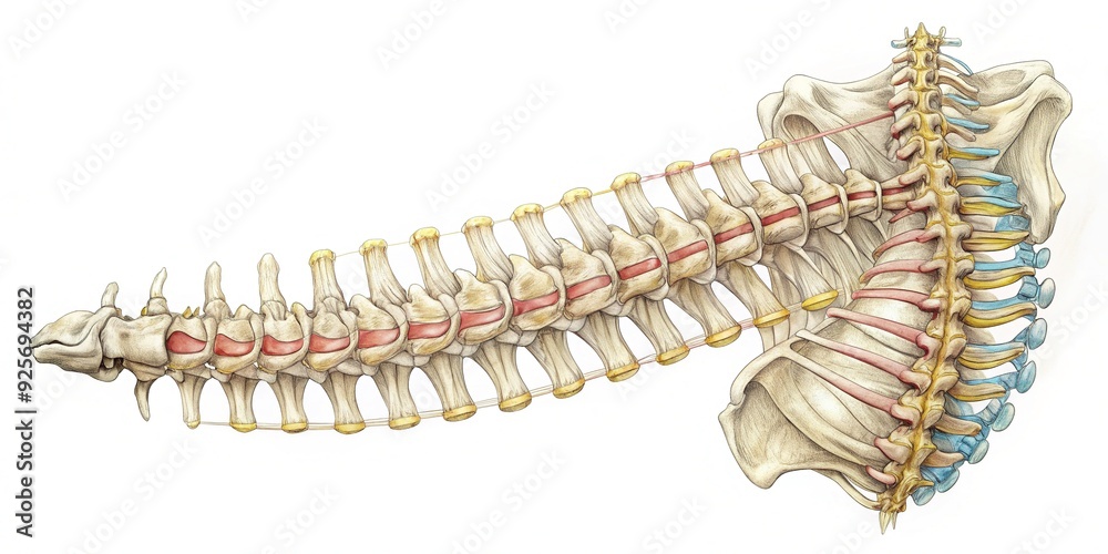 Obraz premium Intricate hand-drawn illustration of human spine anatomy in fine lines and gentle shading, isolated on a clean white background with subtle texture.