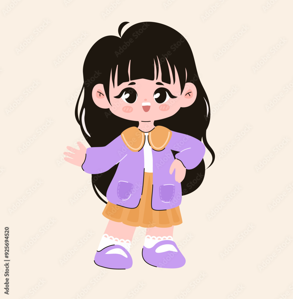 Schoolgirl girl with long dark hair. Flat vector illustration. Schoolgirl girl with long dark hair. Flat vector illustration.