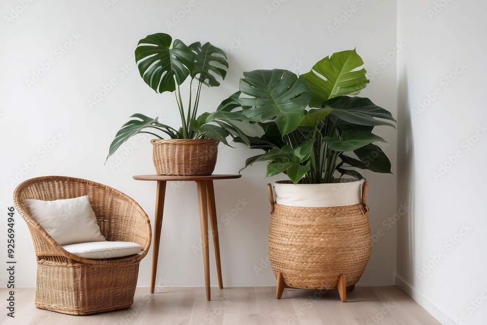 Fototapeta premium Two potted monstera plants in woven baskets with wicker chair