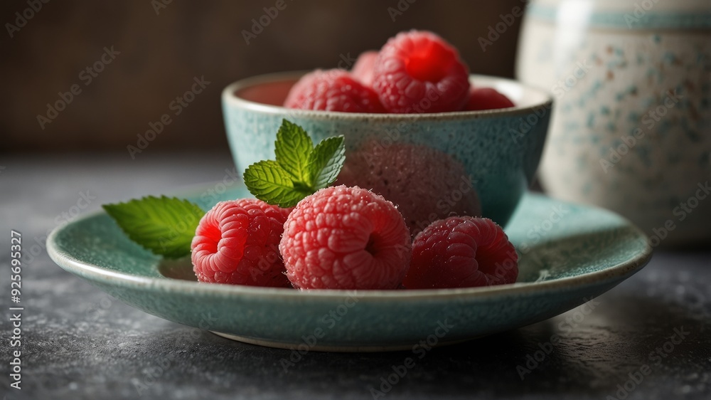 a scoop of raspberry sorbet served in a small ceramic bowl