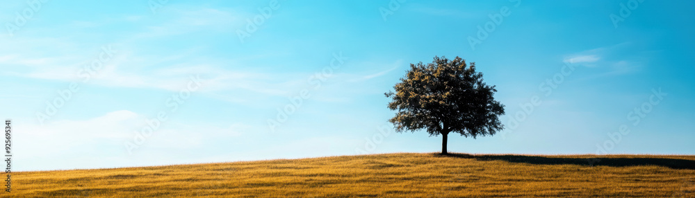 Tranquil landscape featuring a lone tree on a gently rolling hill under a bright blue sky, capturing the beauty of solitude and nature's simplicity. Tranquil landscape featuring a lone tree on a gently rolling hill under a bright blue sky, capturing the beauty of solitude and nature's simplicity.
