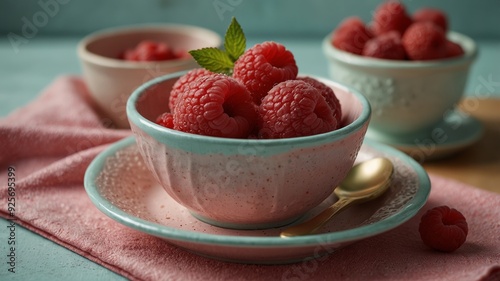 a scoop of raspberry sorbet served in a small ceramic bowl