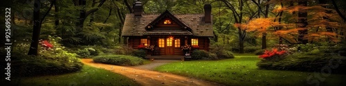 Charming Cozy Cabin Nestled in Enchanting Forest with Warm Glowing Lights, Surrounded by Lush Greenery and Vibrant Flower Beds