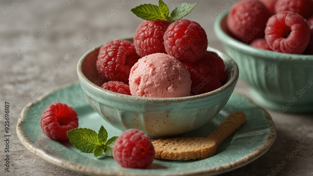 a scoop of raspberry sorbet served in a small ceramic bowl a scoop of raspberry sorbet served in a small ceramic bowl