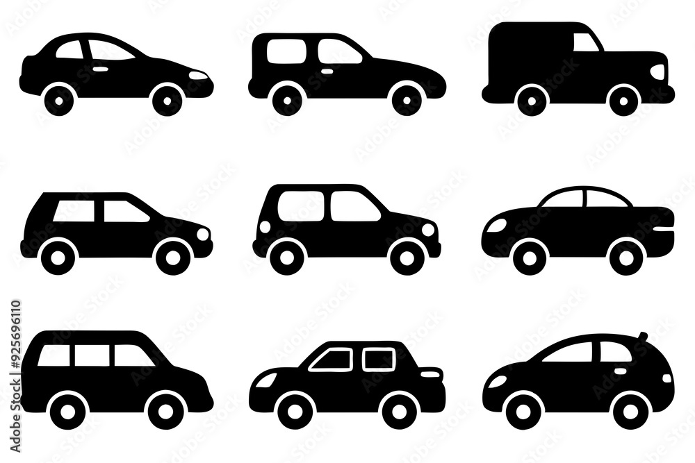 Vehicle icons vector. Set of car icons silhouette vector illustrations. Vehicle icons vector. Set of car icons silhouette vector illustrations.