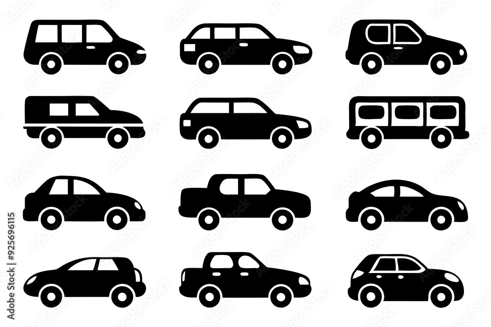 Vehicle icons vector. Set of car icons silhouette vector illustrations. Vehicle icons vector. Set of car icons silhouette vector illustrations.