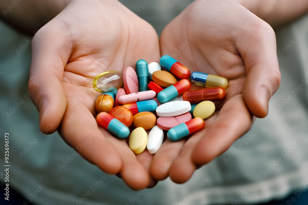 Closeup of a pair of hands holding a pile of colorful pills and capsules suggesting the concept of healthcare and medicine. Aspect ratio 3:2 Closeup of a pair of hands holding a pile of colorful pills and capsules suggesting the concept of healthcare and medicine. Aspect ratio 3:2