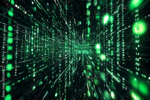 Green Dark Binary Code with Data Streaming Background created with Generative AI