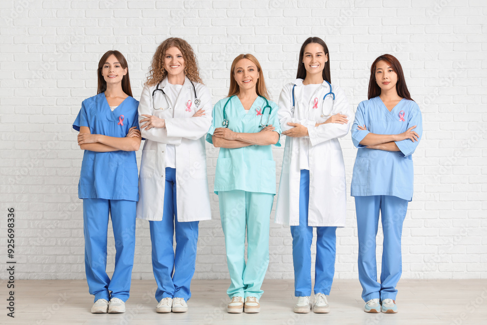 Female doctors with pink ribbons on white brick background. Breast cancer awareness concept Female doctors with pink ribbons on white brick background. Breast cancer awareness concept