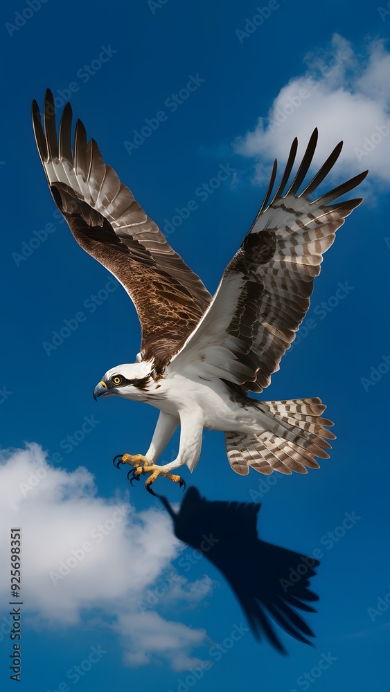 Fototapeta premium Osprey Flying with Blue Sky Background, Realistic Photo, Pattern Background, Wallpaper, Cover and Screen for Smartphone, Cell Phone, Computer, Laptop