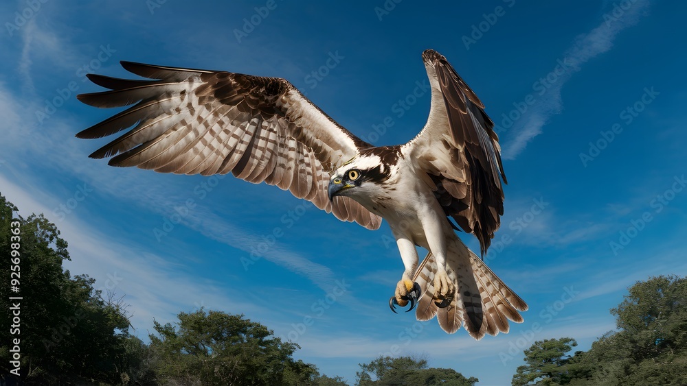 Fototapeta premium Osprey Flying with Blue Sky Background, Realistic Photo, Pattern Background, Wallpaper, Cover and Screen for Smartphone, Cell Phone, Computer, Laptop