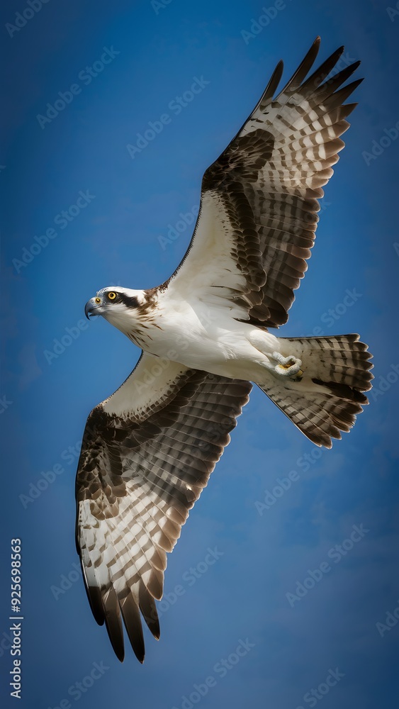 Obraz premium Osprey Flying with Blue Sky Background, Realistic Photo, Pattern Background, Wallpaper, Cover and Screen for Smartphone, Cell Phone, Computer, Laptop