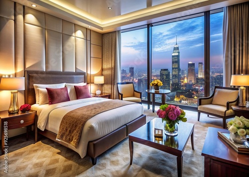 Luxurious hotel room with a large bed, elegant decor, and stunning city view, perfect for a romantic getaway or honeymoon celebration. photo