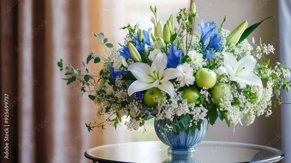 Fresh Elegance - A Bouquet of Blue and Green Flowers in a Vase with White Lilies and Baby's Breath, Adorned with Small Apples on a Glass Table. Fresh Elegance - A Bouquet of Blue and Green Flowers in a Vase with White Lilies and Baby's Breath, Adorned with Small Apples on a Glass Table.